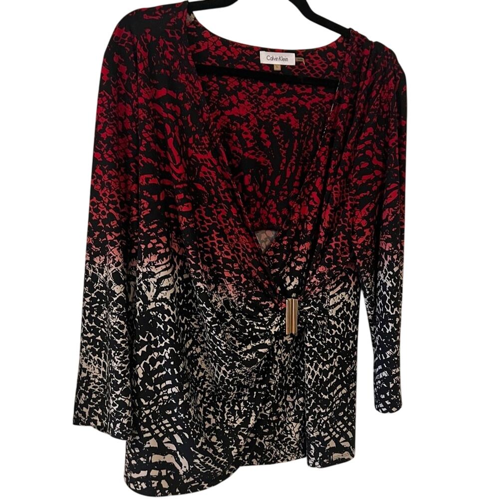 Calvin Klein 3/4 Sleeve Red, Black, & White Faux Wrap Blouse Women’s Size Large